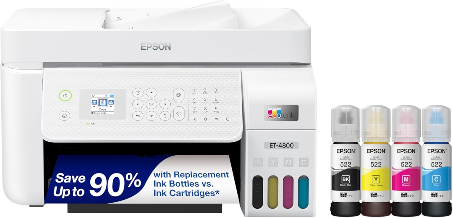 Epson EcoTank ET-4800 Wireless All-in-One Cartridge-Free Supertank Printer with Scanner, Copier, Fax, ADF